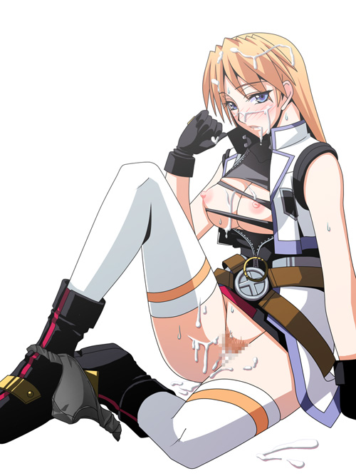 ichimedoo, teana lanster, lyrical nanoha, mahou shoujo lyrical nanoha, mahou shoujo lyrical nanoha strikers, 00s, 1girl, blue eyes, blush, boots, breasts, censored, cum, cum in mouth, cum in pussy, cum on body, cum on breasts, cum on clothes, cum on hair, cum on lower body, cum on pussy, cum on upper body, facial, female focus, female pubic hair, gloves, large breasts, long hair, orange hair, panties, panties around leg, pubic hair, solo, thighhighs, torn clothes, underwear