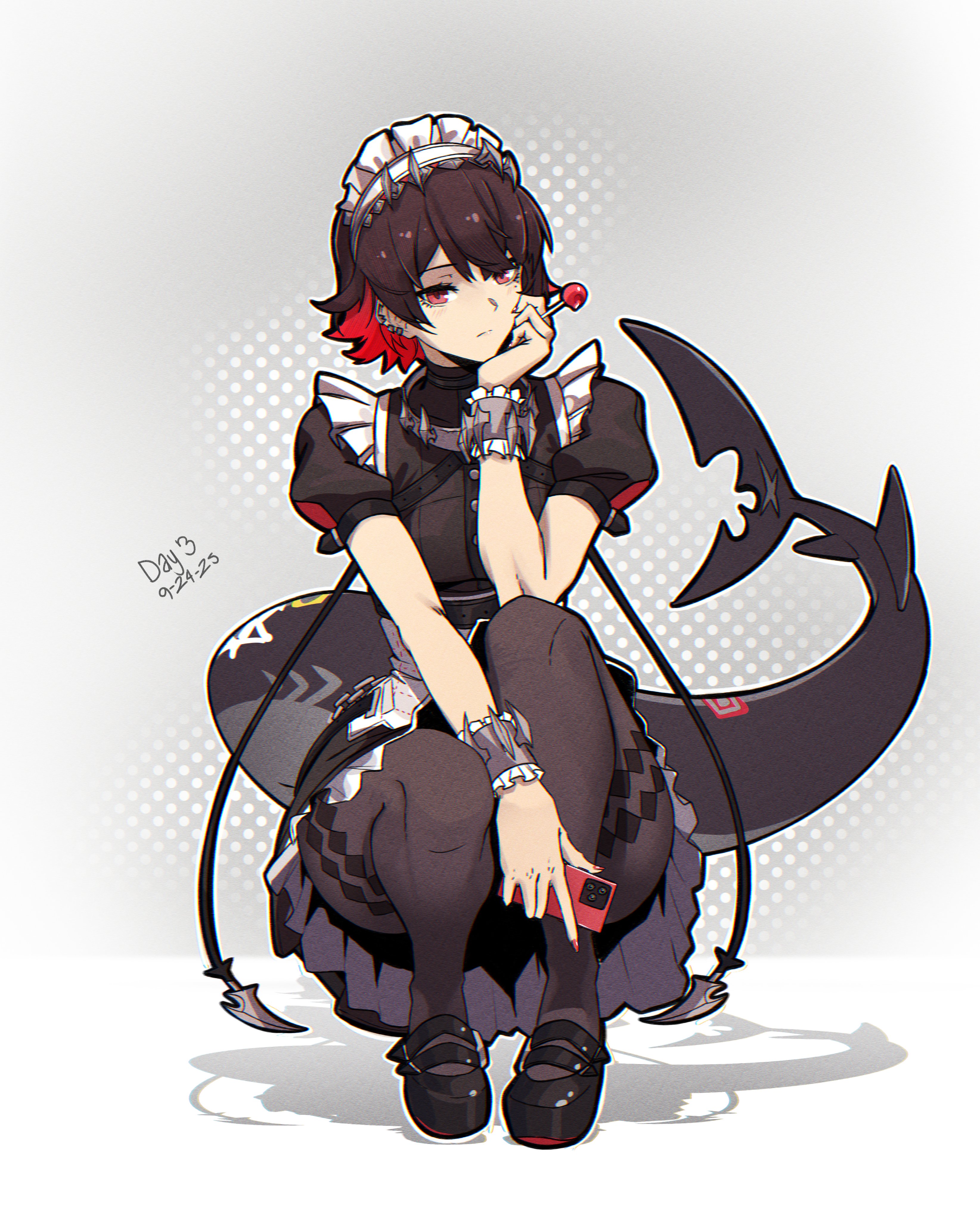 moddedjoker, ellen joe, zenless zone zero, absurdres, highres, 1girl, black dress, black pantyhose, dress, fins, fish tail, looking at viewer, maid, maid headdress, multicolored hair, pantyhose, red eyes, shark girl, shark tail, short hair, solo, squatting, tail, two-tone hair