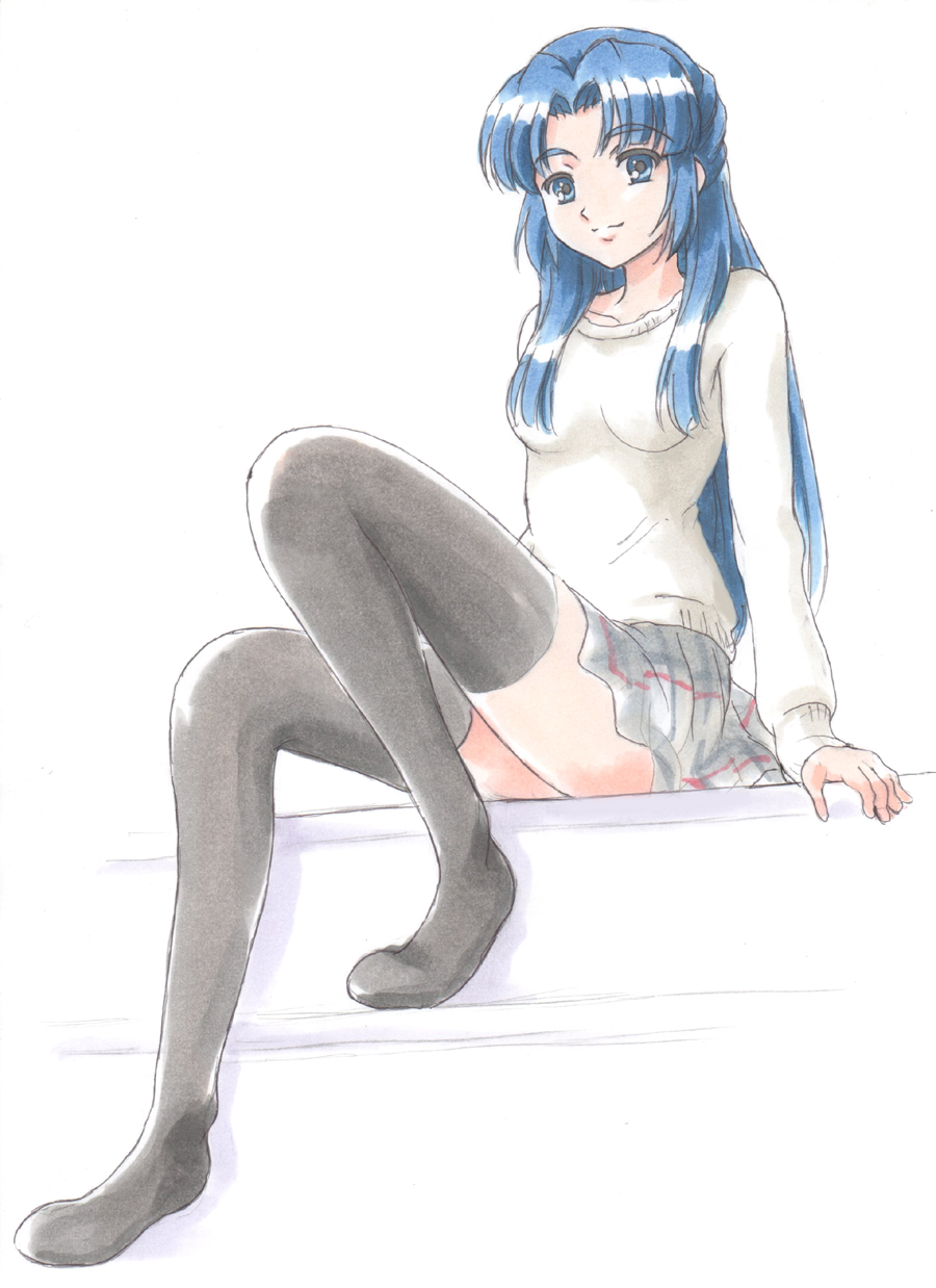 fujita (speedlimit), asakura ryoko, suzumiya haruhi no yuuutsu, highres, 00s, alternate costume, blue eyes, blue hair, casual, long hair, solo, sweater, thighhighs