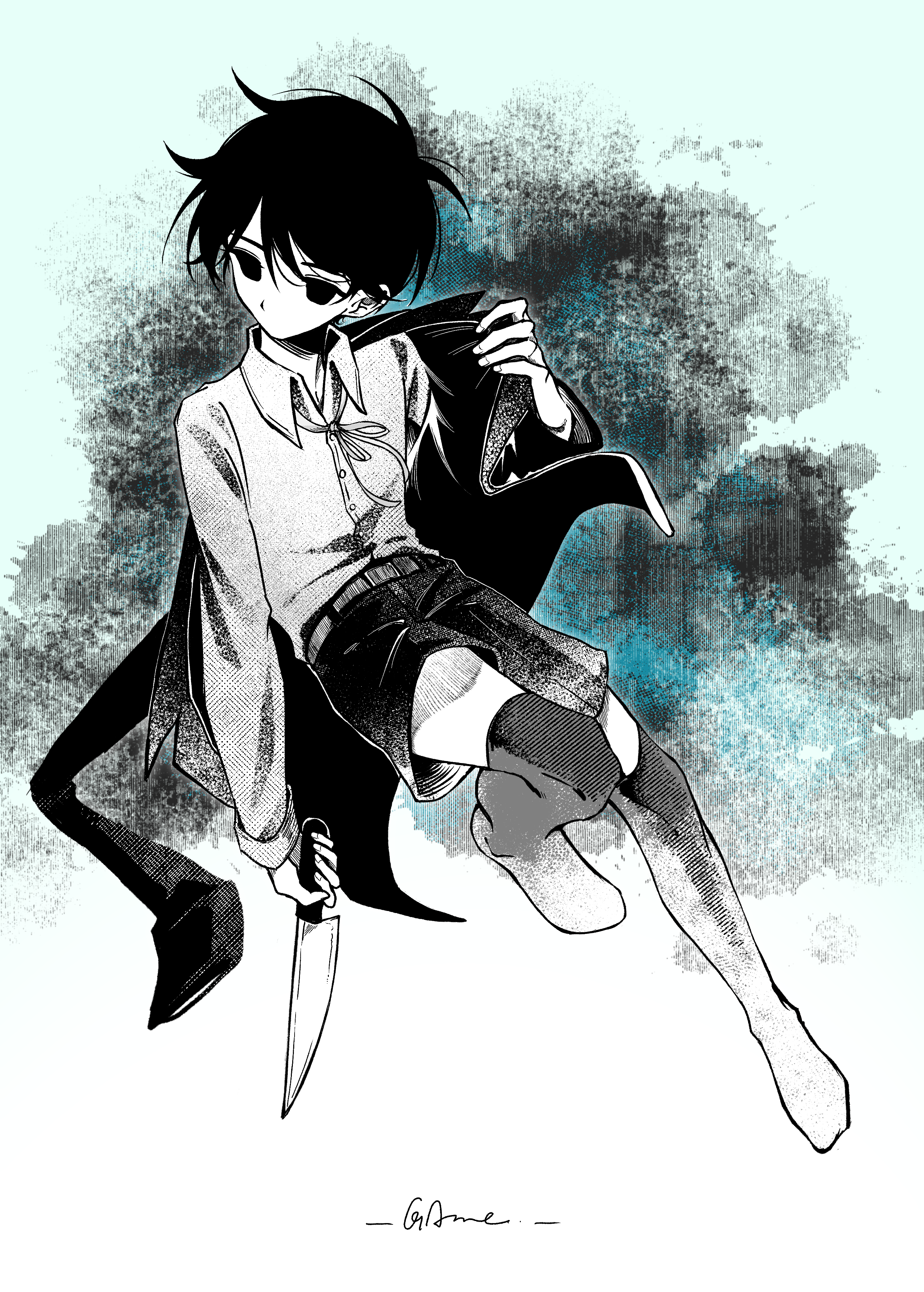 gaks030, omori (omori), omori, absurdres, chinese commentary, commentary request, highres, 1boy, alternate costume, antenna hair, aqua background, belt, buttons, collared shirt, empty eyes, fingernails, full body, greyscale with colored background, halftone, hand up, hatching (texture), holding, holding knife, jacket, jacket partially removed, knee up, knees together feet apart, knife, long sleeves, looking down, looking to the side, male focus, neck ribbon, no mouth, no pupils, no shoes, ribbon, shirt, shirt tucked in, short hair, shorts, simple background, solo, thighhighs, very short hair, white background