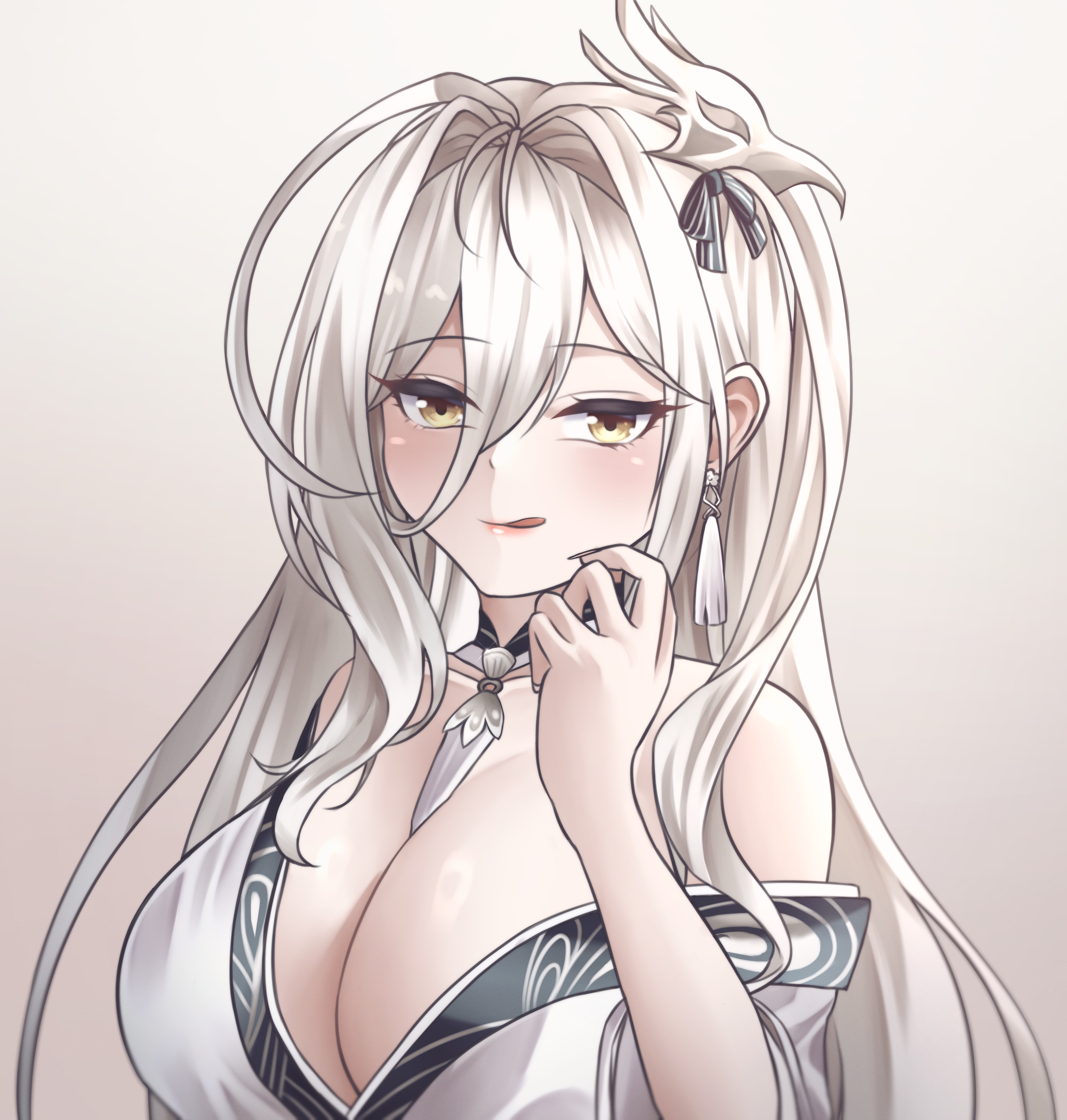 pumpkinpaii, hakuhou (azur lane), azur lane, absurdres, commentary, english commentary, highres, 1girl, ahoge, between breasts, bird mask, blush, breasts, brown eyes, cleavage, collarbone, earrings, hair between eyes, hair intakes, hand up, huge breasts, japanese clothes, jewelry, kimono, large breasts, licking lips, lips, long bangs, long hair, long hair between eyes, looking at viewer, mask, mask on head, necklace, off shoulder, ribbon, sidelocks, simple background, smile, solo, striped ribbon, tongue, tongue out, upper body, white background, white hair, white kimono