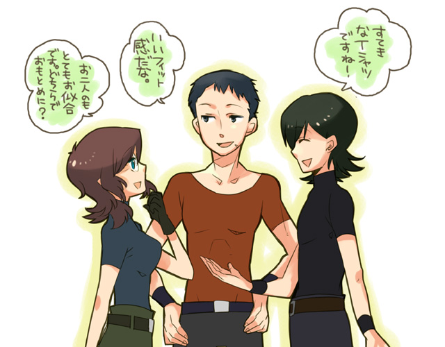takeshiko, allelujah haptism, lasse aeon, shirin bakhtiar, gundam, gundam 00, bad id, bad pixiv id, translation request, 00s, 1girl, 2boys, :d, ^ ^, androgynous, belt, black gloves, black hair, brown hair, buckle, closed eyes, gloves, gradient background, hands on own hips, multiple boys, open mouth, short hair, smile, speech bubble, standing, sweatband, talking, text focus