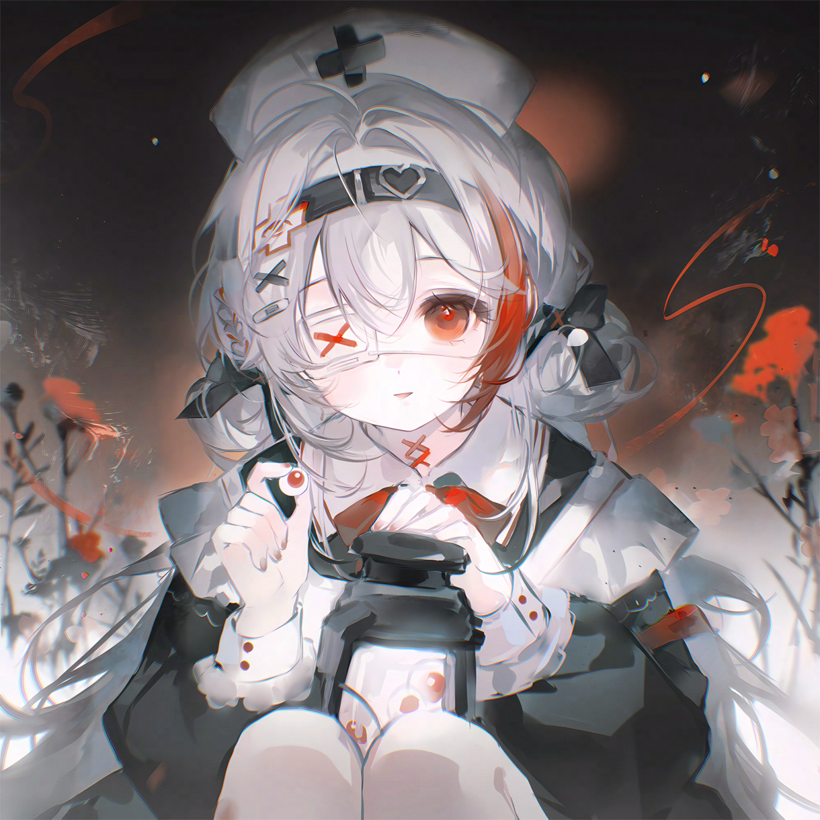jinyejing, original, highres, 1girl, black dress, black hairband, dress, eyepatch, grey hair, hair between eyes, hair ornament, hairband, hat, heart, holding, long hair, long sleeves, looking at viewer, medical eyepatch, multicolored hair, nurse, nurse cap, parted lips, red eyes, red hair, solo, streaked hair, white hair, x hair ornament