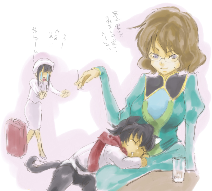 marina ismail, setsuna f. seiei, shirin bakhtiar, gundam, gundam 00, translation request, 00s, 1boy, 2girls, black hair, brown eyes, brown hair, dress, glasses, green dress, height difference, hug, kemonomimi mode, long sleeves, multiple girls, running, short hair, simple background, wavy hair, white background