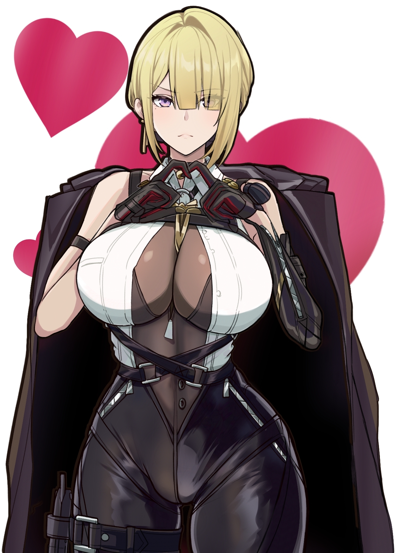 saint laurent paris, evelyn chevalier, zenless zone zero, highres, 1girl, arm strap, black gloves, blonde hair, blunt bangs, breasts, gloves, hair over one eye, heart, large breasts, looking at viewer, purple eyes, solo, white background