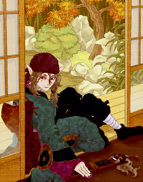kusuriuri (mononoke), mononoke, bad id, bad pixiv id, 00s, 1boy, bandana, blonde hair, blue eyes, bow, durag, elf, facepaint, facial mark, hair tie, japanese clothes, kimono, lipstick, long hair, looking at viewer, makeup, male focus, obi, pointy ears, sash, scenery, sheath, sheathed, sitting, solo, sword, weapon