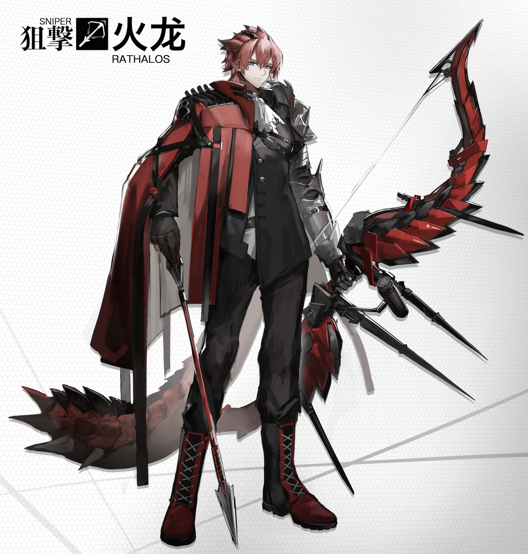 arigiep, rathalos, arknights, monster hunter (series), original, commentary request, highres, partial commentary, 1boy, armor, arrow (projectile), ascot, belt buckle, black boots, black gloves, black jacket, black pants, blue eyes, boots, bow (weapon), buckle, buttons, cape, character name, chest belt, closed mouth, dragon boy, dragon tail, drop shadow, expressionless, full body, gloves, holding, holding arrow, honeycomb (pattern), honeycomb background, huge weapon, jacket, lace-up boots, legs apart, long sleeves, looking at viewer, male focus, multicolored boots, official style, pants, pants tucked in, parody, partially fingerless gloves, pauldrons, personification, pink hair, pointy ears, red boots, red cape, red tail, shoulder armor, simple background, single pauldron, solo, spiked hair, spiked tail, standing, style parody, tail, two-tone boots, vambraces, weapon, white ascot, white background