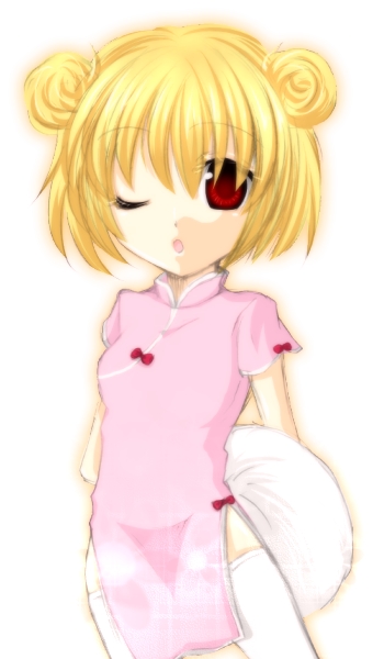 houjou satoko, higurashi no naku koro ni, 00s, 1girl, :o, arms behind back, blonde hair, bow, china dress, chinese clothes, double bun, dress, female focus, hair bun, one eye closed, red eyes, short hair, simple background, solo, standing, thighhighs, tray, white background, wink