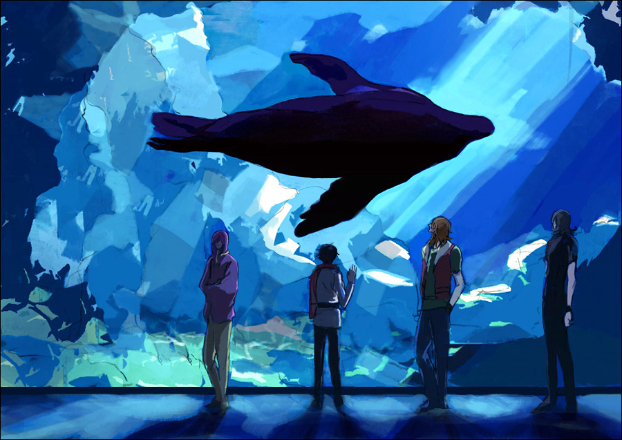 yu-ki (riflesso), allelujah haptism, lockon stratos, setsuna f. seiei, tieria erde, gundam, gundam 00, bad id, bad pixiv id, 00s, 4boys, animal, aquarium, dolphin, from behind, full body, light rays, long sleeves, male focus, multiple boys, pants, silhouette, standing, water