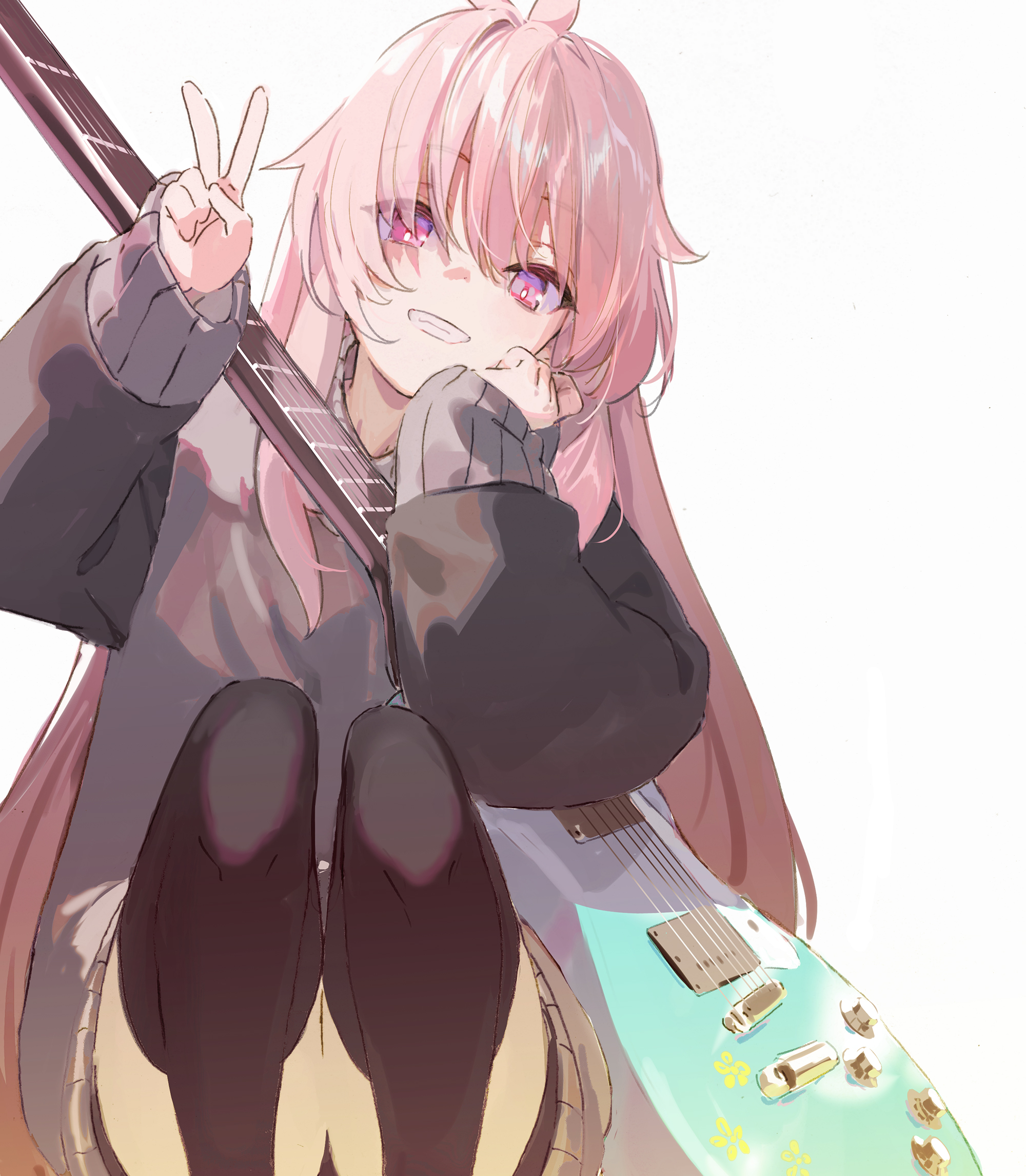pako (pakosun), mumble (shachimu), original, highres, 1girl, antenna hair, black thighhighs, borrowed character, electric guitar, grin, guitar, hand on own cheek, hand on own face, holding, holding guitar, holding instrument, instrument, long hair, long sleeves, looking at viewer, pink eyes, pink hair, simple background, smile, solo, squatting, sweater, thighhighs, v, very long hair, white background