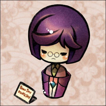 sorabo, tieria erde, gundam, gundam 00, lowres, 00s, 1boy, blush, bob cut, brooch, chibi, closed eyes, formal clothes, gem, jewelry, male focus, purple hair, round teeth, short hair, sign, solo, suit, teeth, text focus, upper body