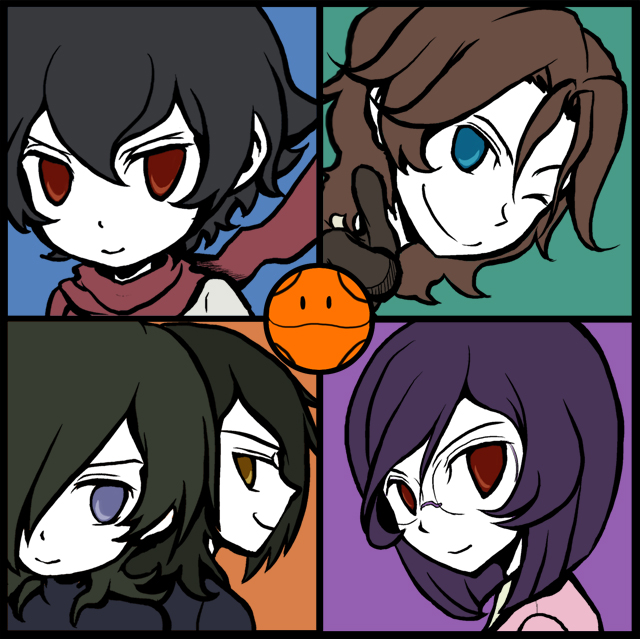 allelujah haptism, hallelujah haptism, haro, lockon stratos, setsuna f. seiei, tieria erde, gundam, gundam 00, 00s, 5boys, ;), black gloves, blue background, blue eyes, blush, chibi, closed mouth, empty eyes, gloves, green background, grin, hair between eyes, hair over one eye, looking at viewer, multiple boys, no pupils, one eye closed, orange background, portrait, purple background, red eyes, red scarf, scarf, simple background, smile, thumbs up