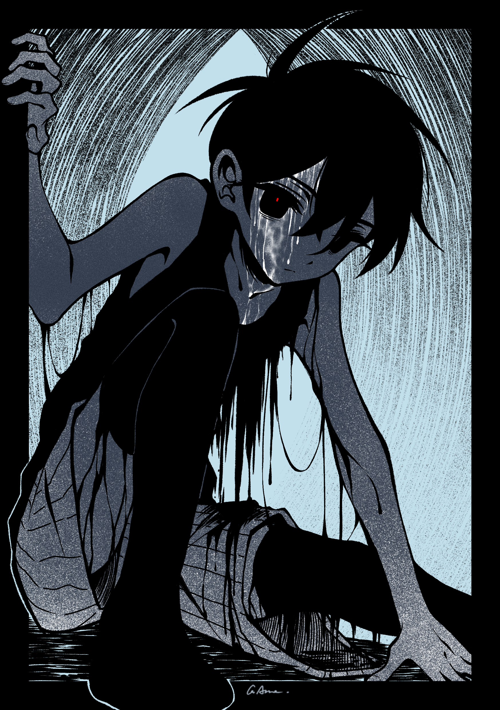 gaks030, omori (omori), omori, absurdres, highres, 1boy, antenna hair, arm support, bare arms, bare shoulders, black border, blue background, border, closed mouth, collarbone, crossed bangs, double-parted bangs, expressionless, film grain, foot out of frame, from below, greyscale with colored background, hair behind ear, hair between eyes, hand up, high contrast, knee up, leaning forward, looking at viewer, male focus, no shoes, pinstripe shorts, red pupils, short hair, shorts, simple background, sitting, solo, tank top, thighhighs, very short hair