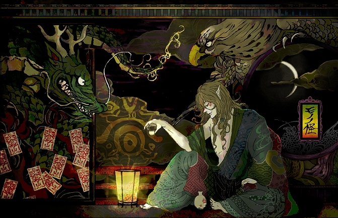 eri na, kusuriuri (mononoke), mononoke, bad id, bad pixiv id, 00s, 1boy, alternate hair length, alternate hairstyle, bird, blonde hair, copyright name, dragon, eagle, eastern dragon, facepaint, hair tie, japanese clothes, kimono, long hair, makeup, male focus, no headwear, ofuda, open clothes, open kimono, pointy ears, solo