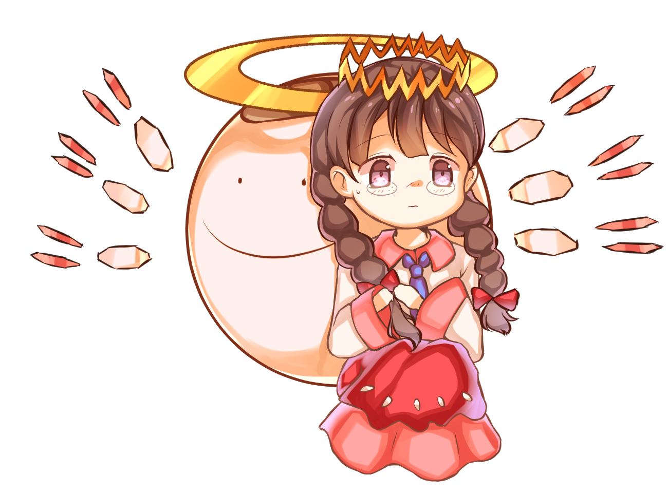 ripple star queen, zero two (kirby), kirby (series), kirby 64, nintendo, 1girl, black hair, bow, braid, crown, fairy, fairy wings, glasses, halo, jimiko, long hair, low twin braids, purple eyes, red bow, ripple star, simple background, sleeves past fingers, sleeves past wrists, twin braids, user cmxg2334, wings