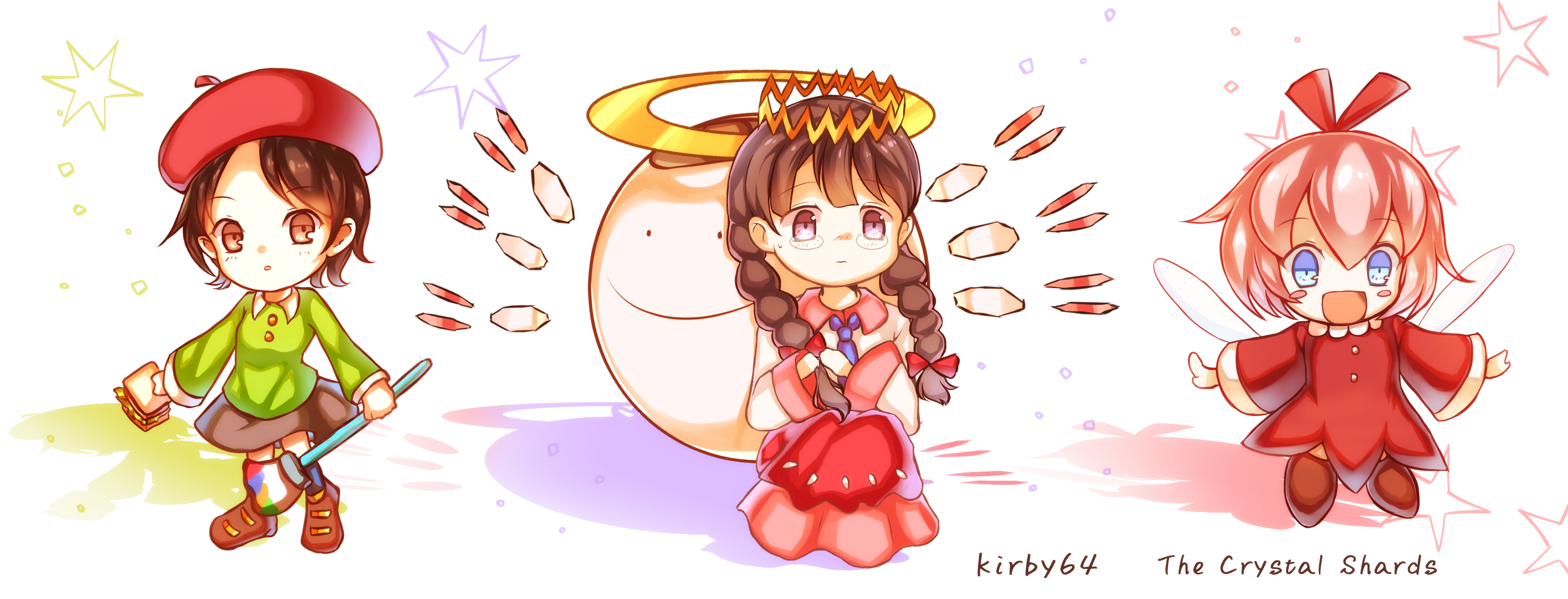 adeleine, ribbon (kirby), ripple star queen, zero two (kirby), kirby (series), kirby 64, nintendo, highres, 3girls, beret, black hair, blue eyes, blush, blush stickers, bow, braid, brown eyes, fairy, fairy wings, hat, long sleeves, multiple girls, open mouth, short hair, smile, user cmxg2334, wings