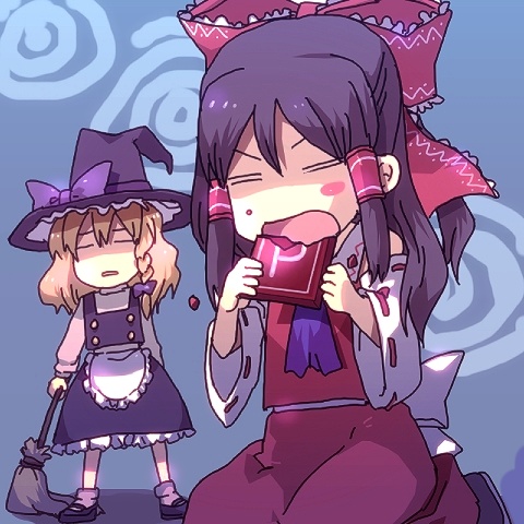 sunakumo, hakurei reimu, kirisame marisa, touhou, lowres, 2girls, ascot, blonde hair, broom, eating, female focus, gameplay mechanics, hat, japanese clothes, miko, multiple girls, poverty, power-up, ribbon