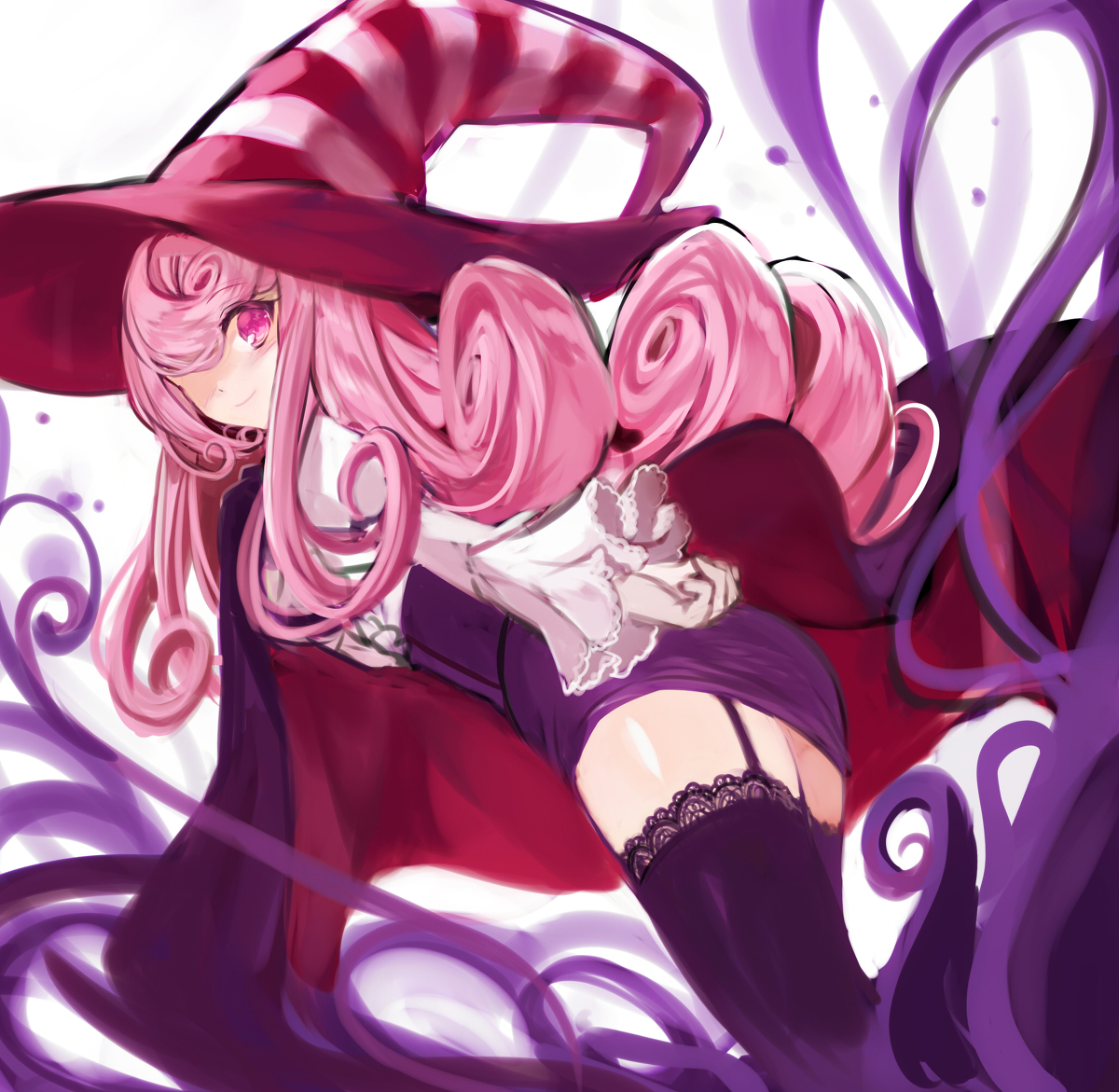 fuepo, vivian (paper mario), mario (series), nintendo, paper mario, paper mario: the thousand-year door, 1girl, curly hair, dress, gloves, hair over eyes, hat, long hair, personification, pink hair, simple background, smile, solo, striped clothes, striped headwear, white gloves, witch hat