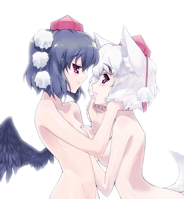 tonbi, inubashiri momiji, shameimaru aya, touhou, bad id, bad pixiv id, 2girls, animal ears, black hair, black wings, completely nude, couple, female focus, hat, multiple girls, nude, short hair, tail, white hair, wings, wolf ears, wolf tail, yuri