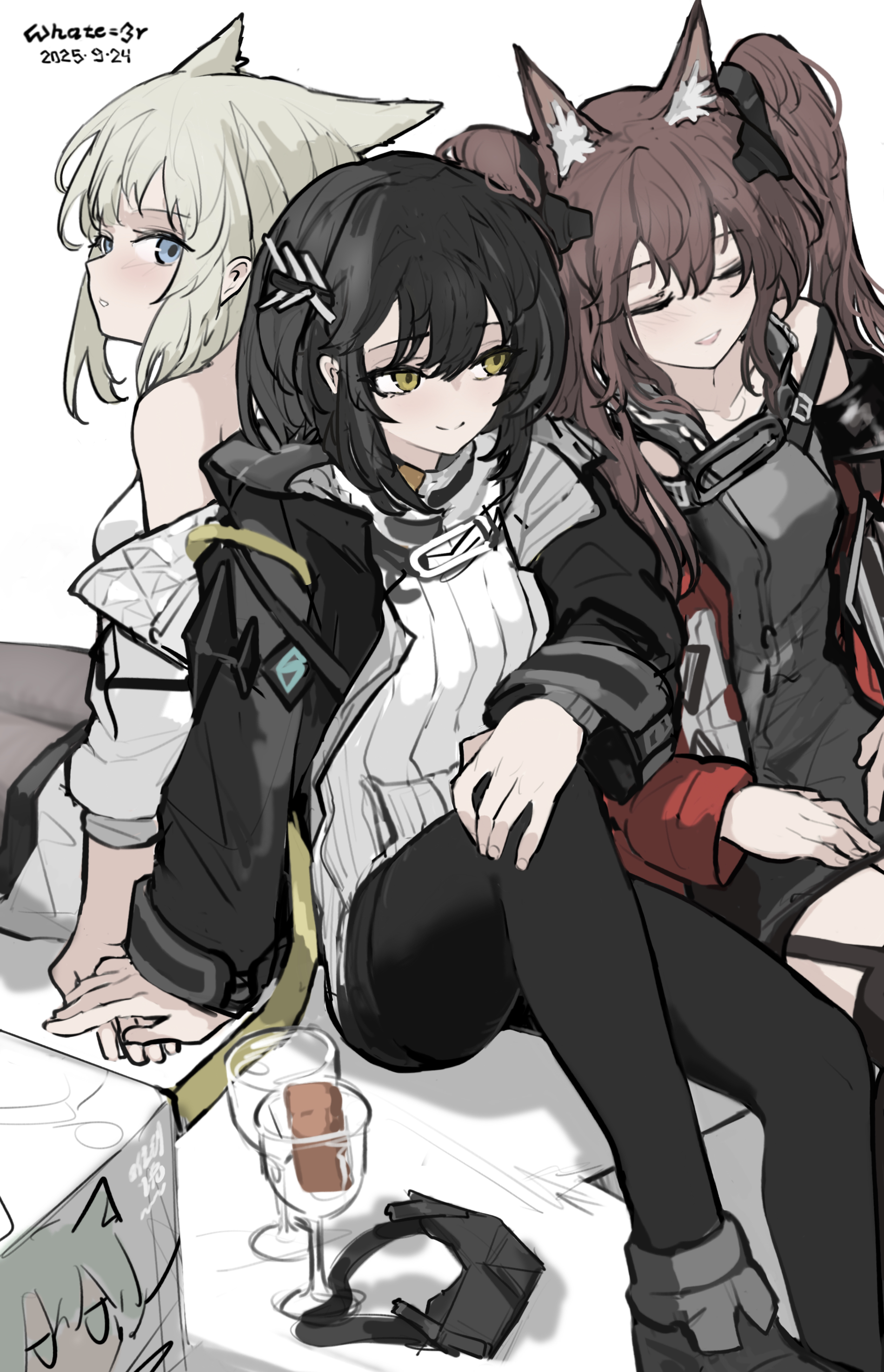 whate=3r, angelina (arknights), endministrator (arknights), female endministrator (arknights), gilberta (arknights), perlica (arknights), arknights, arknights: endfield, absurdres, commentary, english commentary, highres, 3girls, animal ear fluff, animal ears, bare shoulders, bird ears, bird girl, black hair, black jacket, black pantyhose, black thighhighs, blue eyes, brown hair, closed eyes, collarbone, cup, dress, drinking glass, fox ears, fox girl, grey dress, grey hair, hair ornament, hands on lap, headgear, holding hands, hood, hood down, hooded jacket, jacket, knee up, leaning on person, long hair, medium hair, multiple girls, no nose, off shoulder, open clothes, open jacket, pantyhose, ribbed sweater, short dress, sitting, sleeveless, sleeveless dress, smile, sweater, thighhighs, twintails, white dress, white jacket, white sweater, wine glass, yellow eyes, yuri, zettai ryouiki