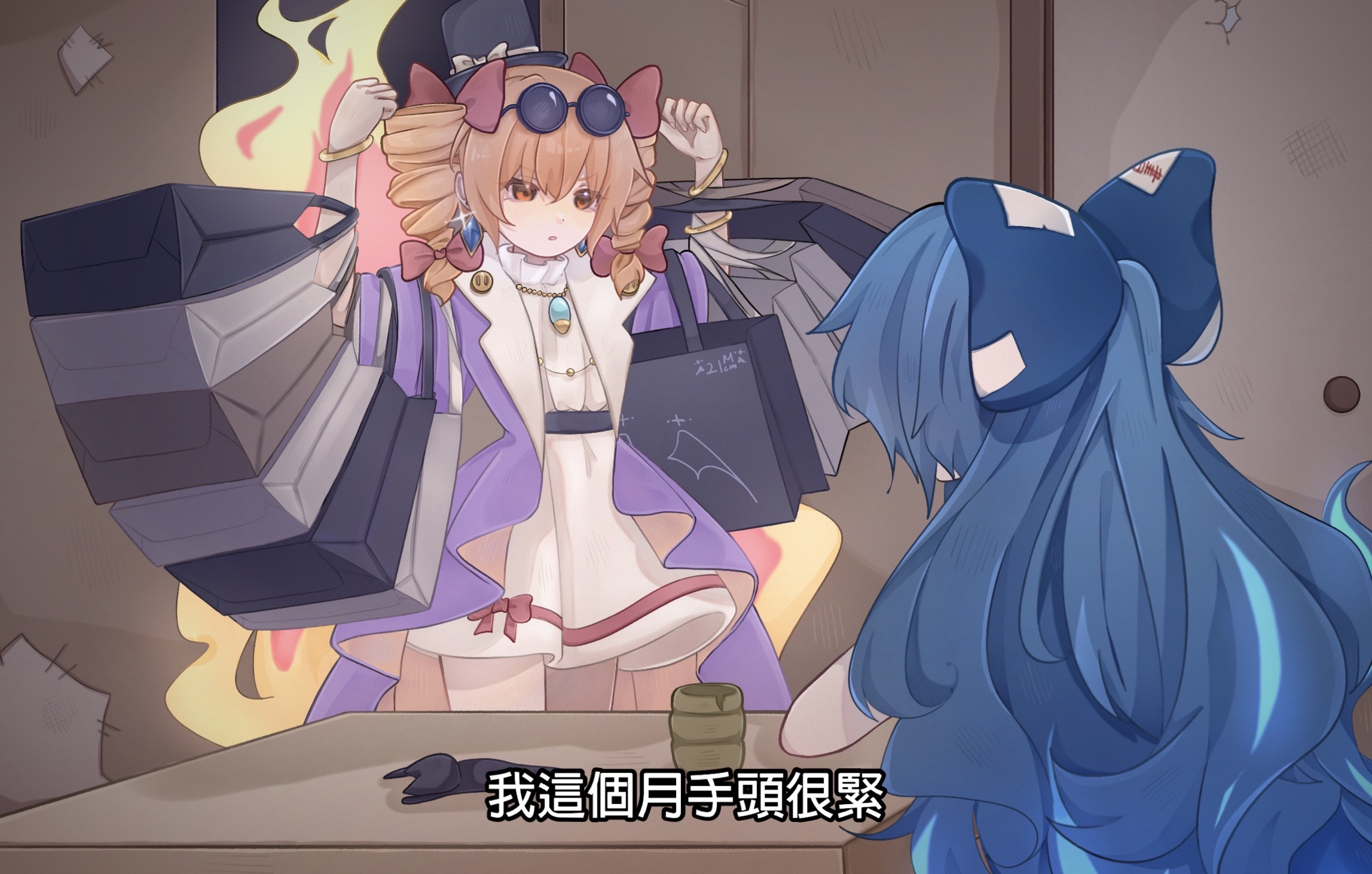 yorigami jo'on, yorigami shion, touhou, chinese commentary, commentary request, highres, translation request, 2girls, bag, bangle, bow, bracelet, bu dian, chinese text, coat, dress, drill hair, earrings, eyewear on head, hair bow, hat, hat bow, jewelry, long hair, multiple girls, necklace, open clothes, open coat, orange eyes, orange hair, pendant, purple coat, round eyewear, shopping bag, siblings, sisters, sunglasses, top hat, twin drills, very long hair, white dress
