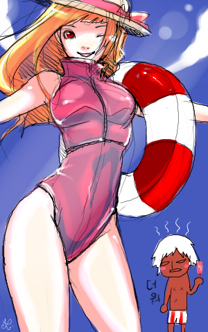 k' (kof), kula diamond, snk, the king of fighters, lowres, 1boy, 1girl, alternate hair color, blush, breasts, chibi, chibi inset, food, hat, ice cream, innertube, interracial, large breasts, long hair, one-piece swimsuit, one eye closed, orange hair, smile, sun hat, swim ring, swimsuit, wink