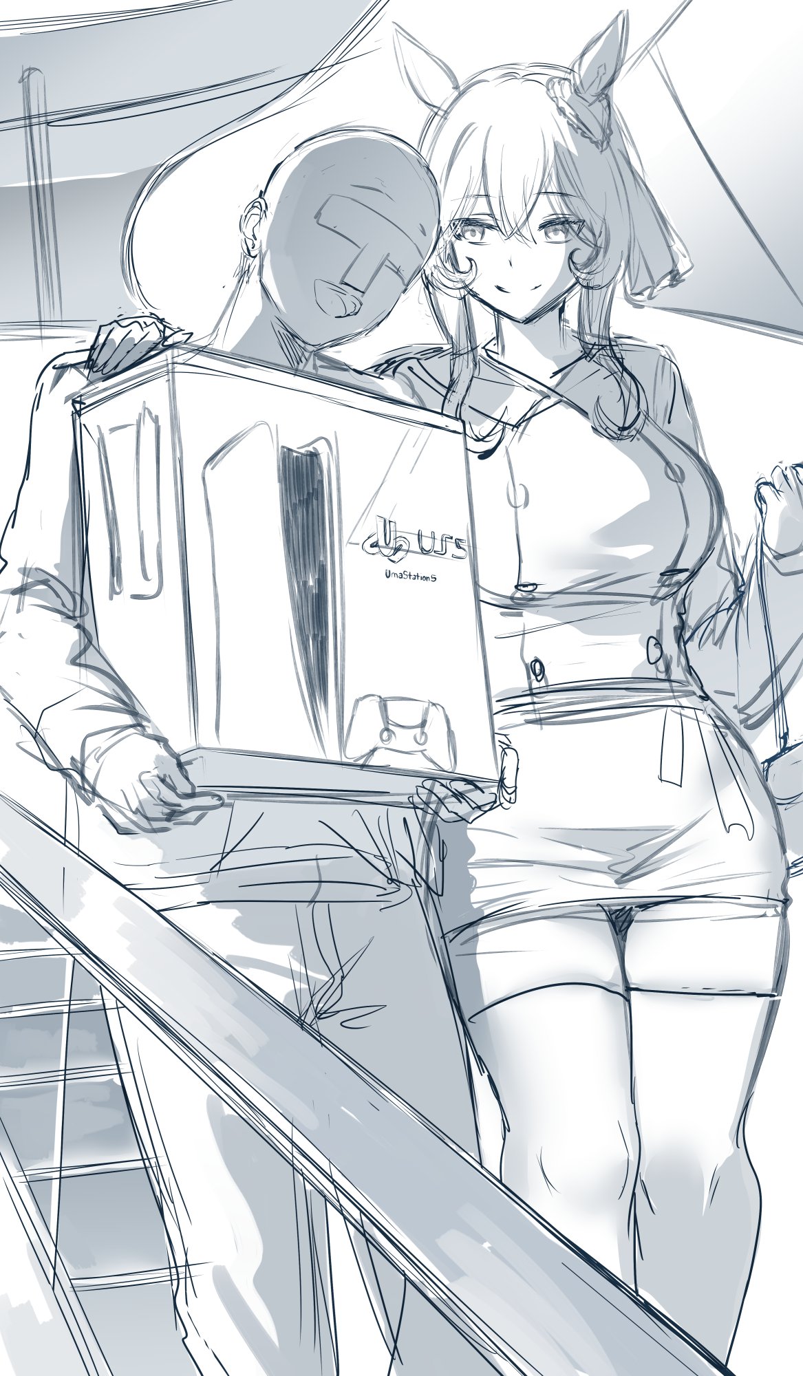 hews, gentildonna (umamusume), trainer (umamusume), umamusume, commentary, english commentary, highres, photo-referenced, unfinished, 1boy, 1girl, :d, animal ears, bald, box, boyfriend with expensive gifts (meme), brand name imitation, breasts, buttons, double-breasted, escalator, game console, greyscale, hair rings, hand on another's shoulder, holding, holding box, horse ears, horse girl, long hair, long sleeves, looking at another, meme, monochrome, open mouth, pencil skirt, playstation 5, sketch, skirt, smile, thighhighs