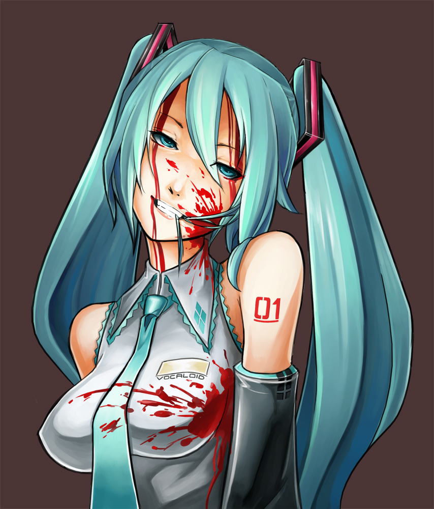 eu03, mechafetus, hatsune miku, vocaloid, 1girl, blood, crazy smile, detached sleeves, female focus, green hair, grin, hair in own mouth, mouth hold, necktie, smile, solo, twintails, yandere