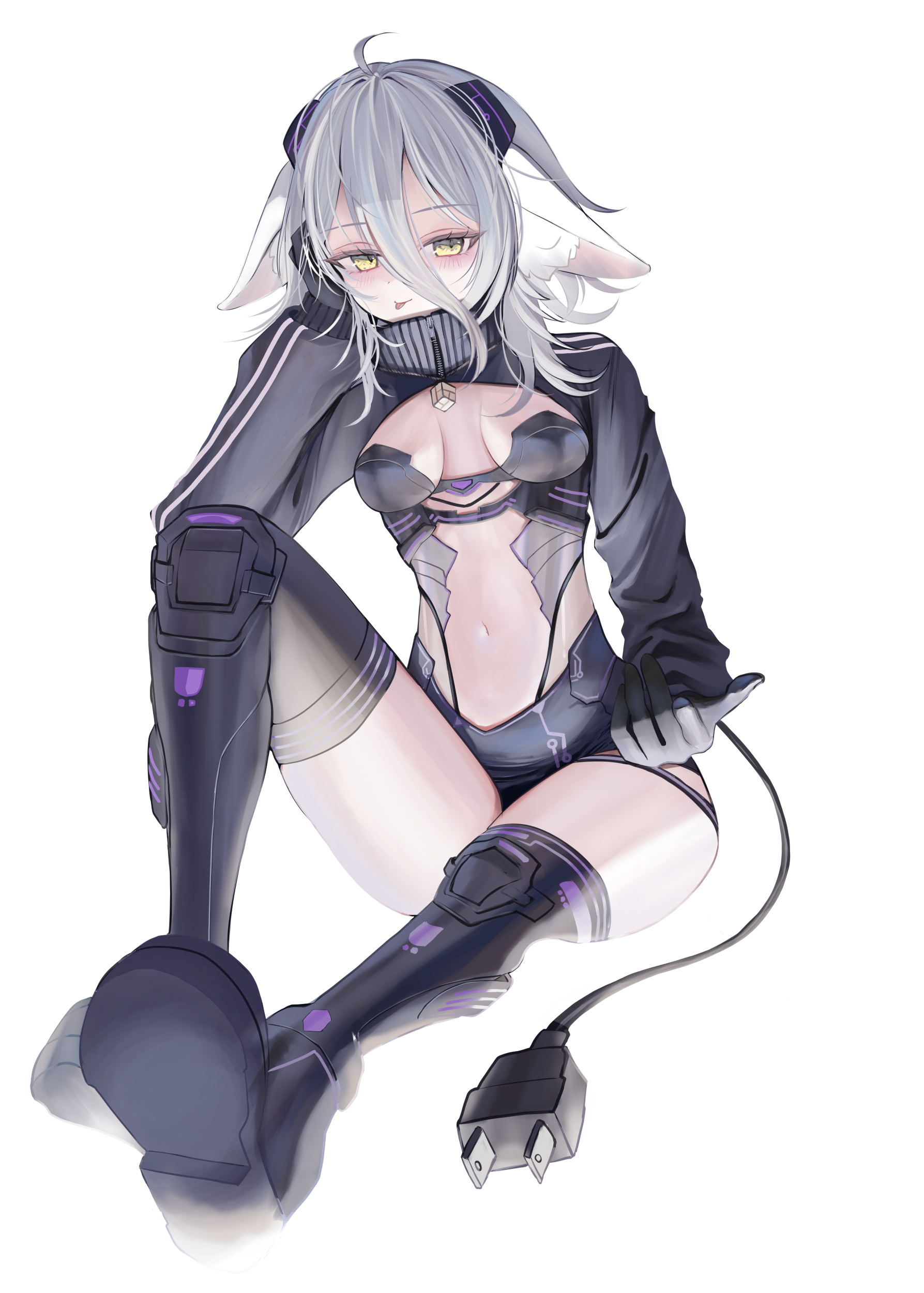 tensui byakuya, henya the genius, indie virtual youtuber, absurdres, highres, animal ear fluff, animal ears, black boots, black gloves, black shrug, black thighhighs, boots, breasts, electric plug, electric plug tail, gloves, hair between eyes, henya the genius (cyber henya), knee up, navel, shrug (clothing), simple background, small breasts, tail, thighhighs, virtual youtuber, white background, yellow eyes