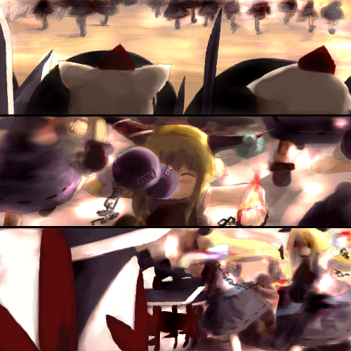 tsubasa (abchipika), ibuki suika, inubashiri momiji, 300 (movie), touhou, lowres, 6+girls, drinking, female focus, gourd, horns, multiple girls, oekaki, parody, shield, sword, weapon