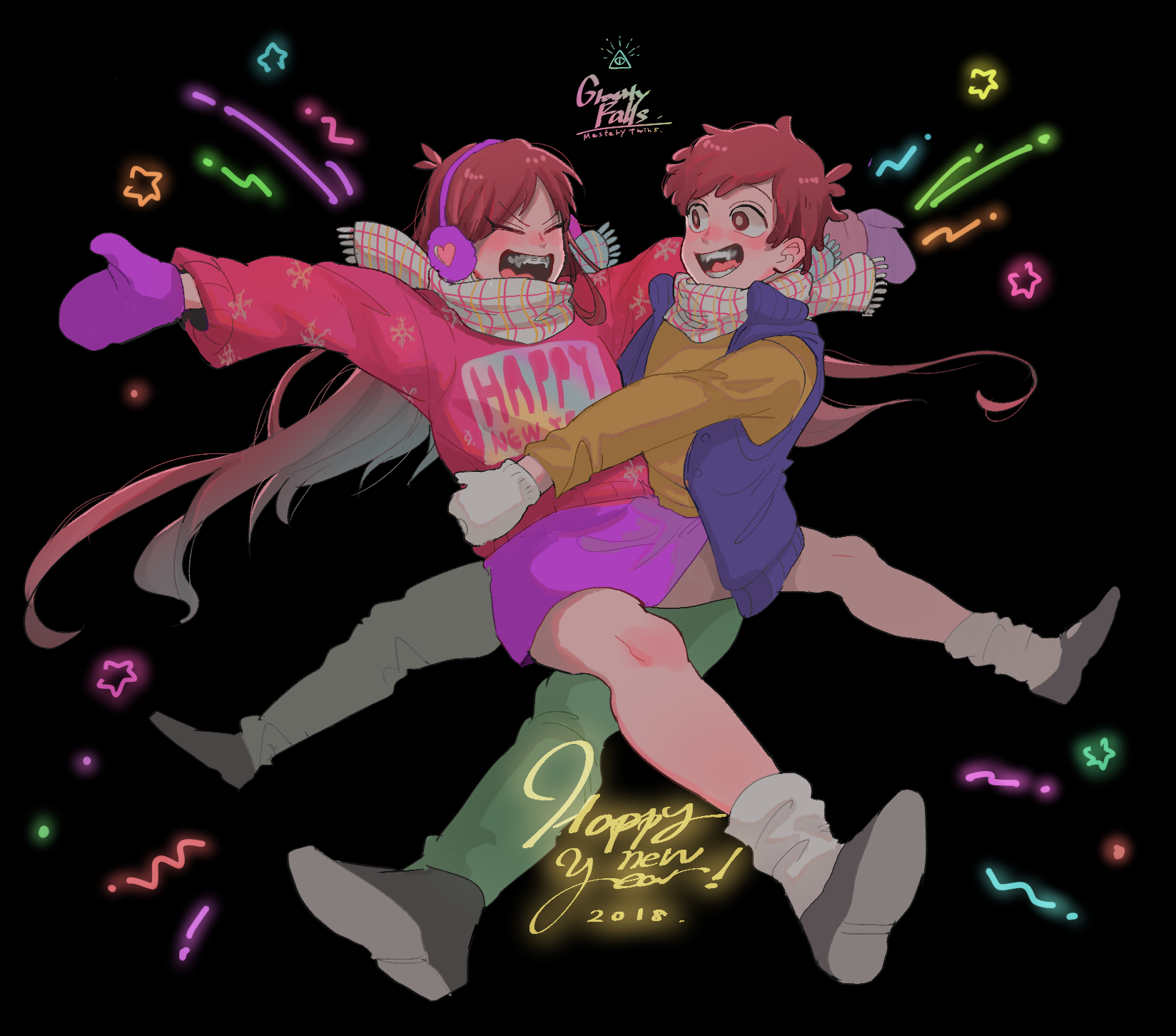 dipper pines, mabel pines, gravity falls, highres, 1boy, 1girl, animification, blush, braces, brown eyes, brown hair, fangs, long hair, long sleeves, open mouth, scarf, short hair, skirt, smile, woo-saguchi-2013