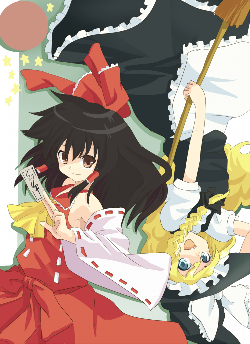 hyakuen raitaa, hakurei reimu, kirisame marisa, touhou, bad id, bad pixiv id, 2girls, black hair, blonde hair, broom, female focus, hat, japanese clothes, long hair, miko, multiple girls, ribbon, upside-down