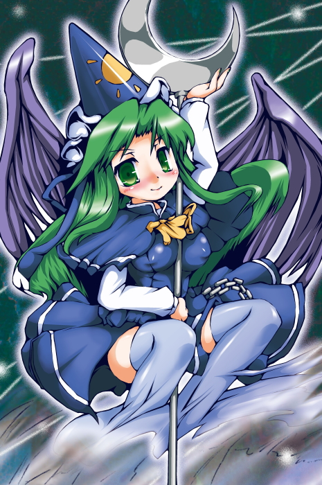 sukiyo, mima (touhou), mystic square, touhou, touhou (pc-98), 1girl, female focus, green hair, hat, long hair, solo, thighhighs, wizard hat