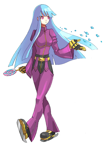 kula diamond, snk, the king of fighters, 1girl, blue hair, candy, cryokinesis, female focus, food, gloves, ice, ice skates, lollipop, long hair, skates, solo, swirl lollipop
