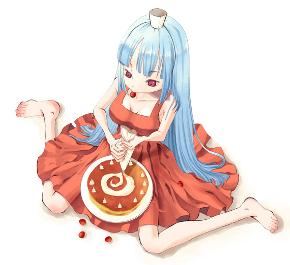 kula diamond, snk, the king of fighters, 1girl, barefoot, blue hair, cake, dress, female focus, food, fruit, long hair, pastry, red eyes, sitting, skinny, solo, strawberry, wariza
