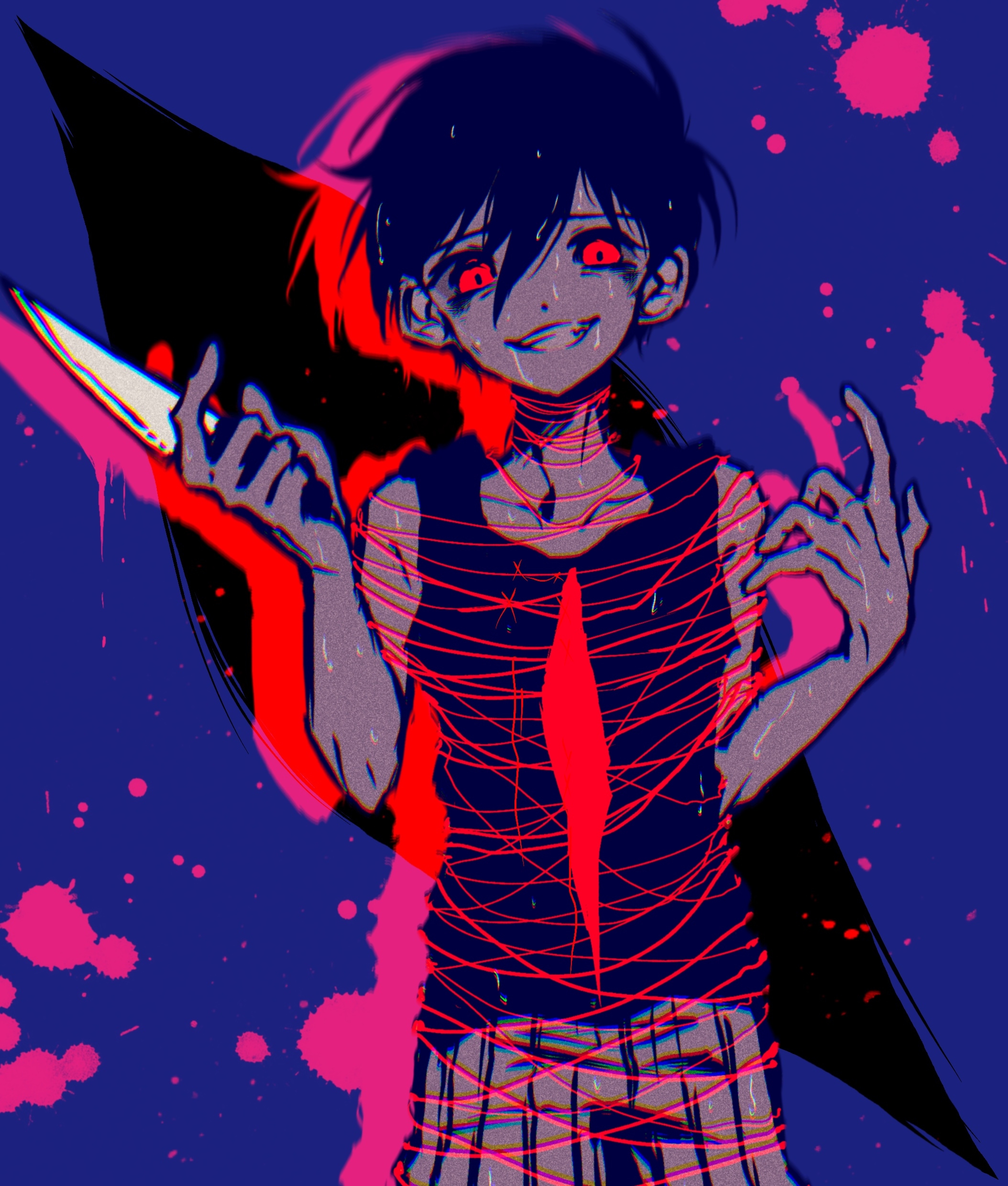 gaks030, omori (omori), omori, absurdres, chinese commentary, commentary request, highres, 1boy, :d, antenna hair, bare arms, bare shoulders, black background, black hair, black tank top, blood, blue background, chromatic aberration, cowboy shot, double-parted bangs, film grain, glowing, glowing eyes, grin, hair behind ear, hair between eyes, hands up, holding, holding knife, knife, looking at viewer, male focus, open mouth, pants, pink blood, pinstripe pants, pinstripe pattern, red eyes, short hair, simple background, smile, solo, standing, string, sweat, tank top, very short hair, white pants
