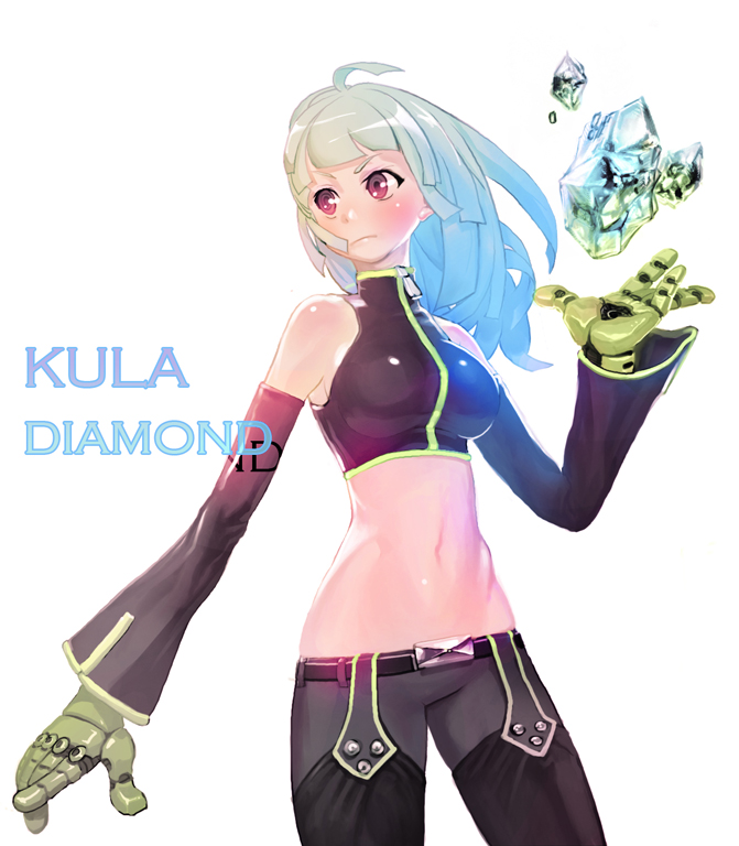kula diamond, snk, the king of fighters, 1girl, detached sleeves, female focus, gloves, ice, long hair, midriff, red eyes, solo, tank top