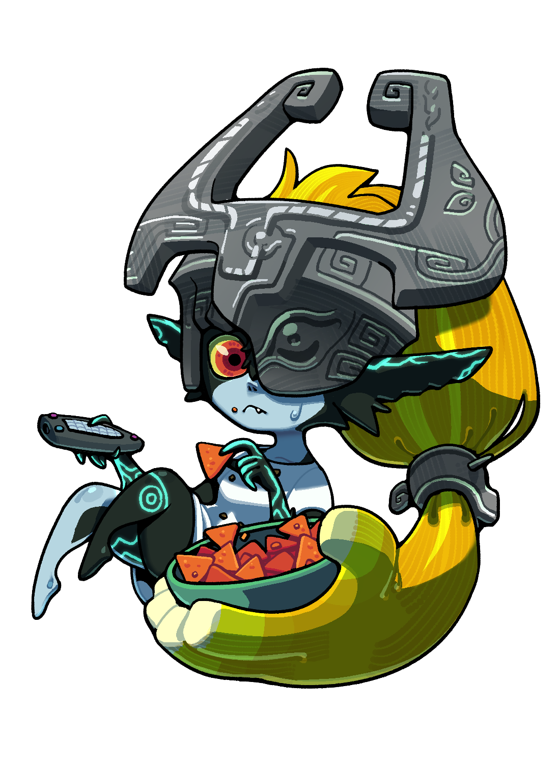 discount-supervillain, midna, nintendo, the legend of zelda, the legend of zelda: twilight princess, highres, 1girl, black skin, blonde hair, colored sclera, colored skin, fang, helmet, long hair, looking at viewer, multicolored skin, pointy ears, red eyes, solo, two-tone skin, yellow sclera