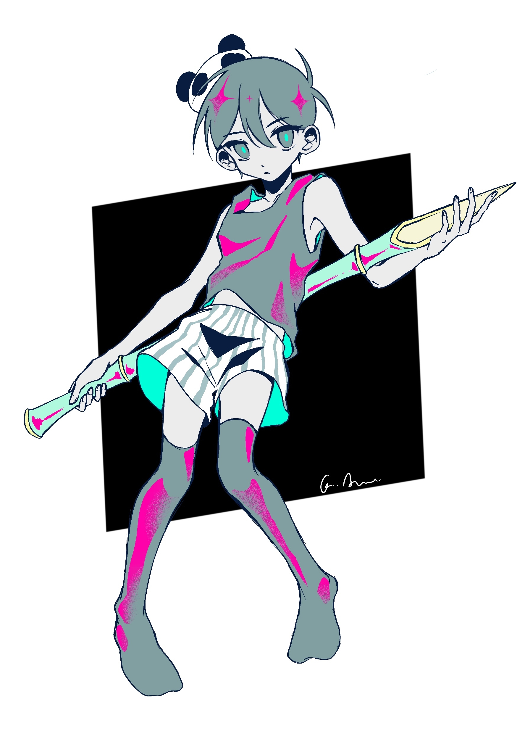 gaks030, omori (omori), omori, absurdres, chinese commentary, commentary request, highres, 1boy, antenna hair, aqua pupils, bamboo, bare arms, bare shoulders, black background, border, closed mouth, colored skin, double-parted bangs, fingernails, frown, full body, grey eyes, grey hair, grey shorts, grey tank top, grey thighhighs, hair behind ear, hair between eyes, hand up, holding bamboo shoot, looking at viewer, male focus, midriff peek, no shoes, outside border, short hair, shorts, simple background, solo, sparkle, standing, striped clothes, striped shorts, tank top, thighhighs, two-tone shorts, vertical-striped clothes, vertical-striped shorts, very short hair, white border, white shorts, white skin