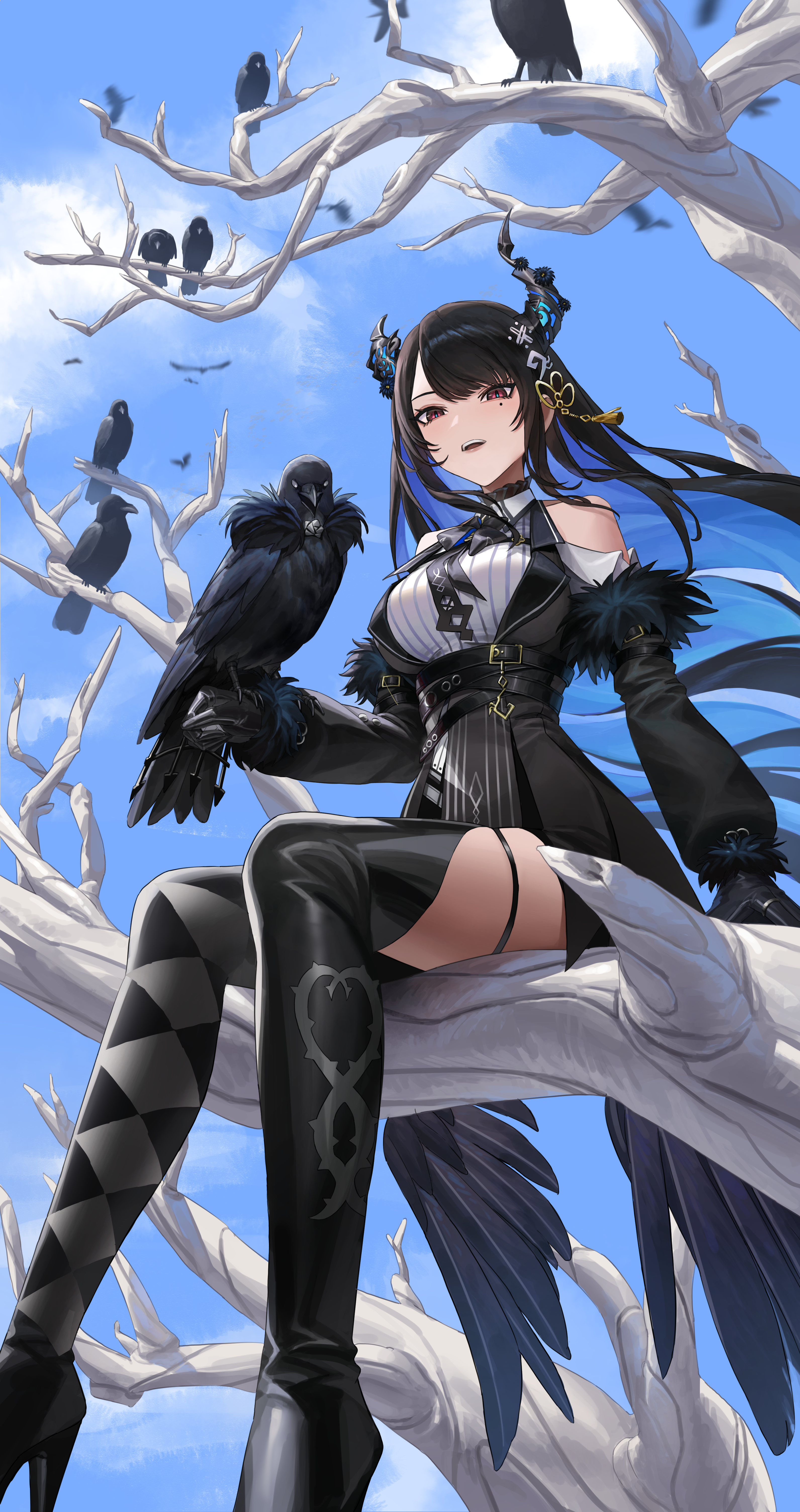 mcking, nerissa ravencroft, nerissa ravencroft (1st costume), shadow (nerissa ravencroft), hololive, hololive english, absurdres, commentary, highres, 1girl, argyle clothes, argyle pantyhose, asymmetrical horns, bare tree, belt, black boots, black bow, black bowtie, black gloves, black hair, black skirt, black vest, blue hair, blue sky, boots, bow, bowtie, breasts, clothing cutout, cloud, collared shirt, colored inner hair, day, dress shirt, feather-trimmed sleeves, flower, flower knot, fortissimo, framed breasts, full body, gloves, hair ornament, horn flower, horns, large breasts, long hair, long sleeves, looking at viewer, miniskirt, mole, mole under eye, multicolored hair, musical note, musical note hair ornament, open mouth, outdoors, purple eyes, ribbed shirt, shirt, shoulder cutout, sidelocks, single leg pantyhose, sitting, sitting on branch, skirt, sky, slit pupils, solo, swept bangs, tassel, tassel hair ornament, teeth, thigh boots, tree, underbust, uneven horns, upper teeth only, very long hair, vest, virtual youtuber, white shirt