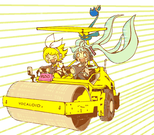 hatsune miku, kagamine rin, kaito (vocaloid), vocaloid, animated, animated gif, > <, 1boy, 2girls, aqua hair, closed eyes, headphones, long hair, multiple girls, necktie, pun, steamroller, twintails, wryyyyyyyyyyyyyyyyyyyy