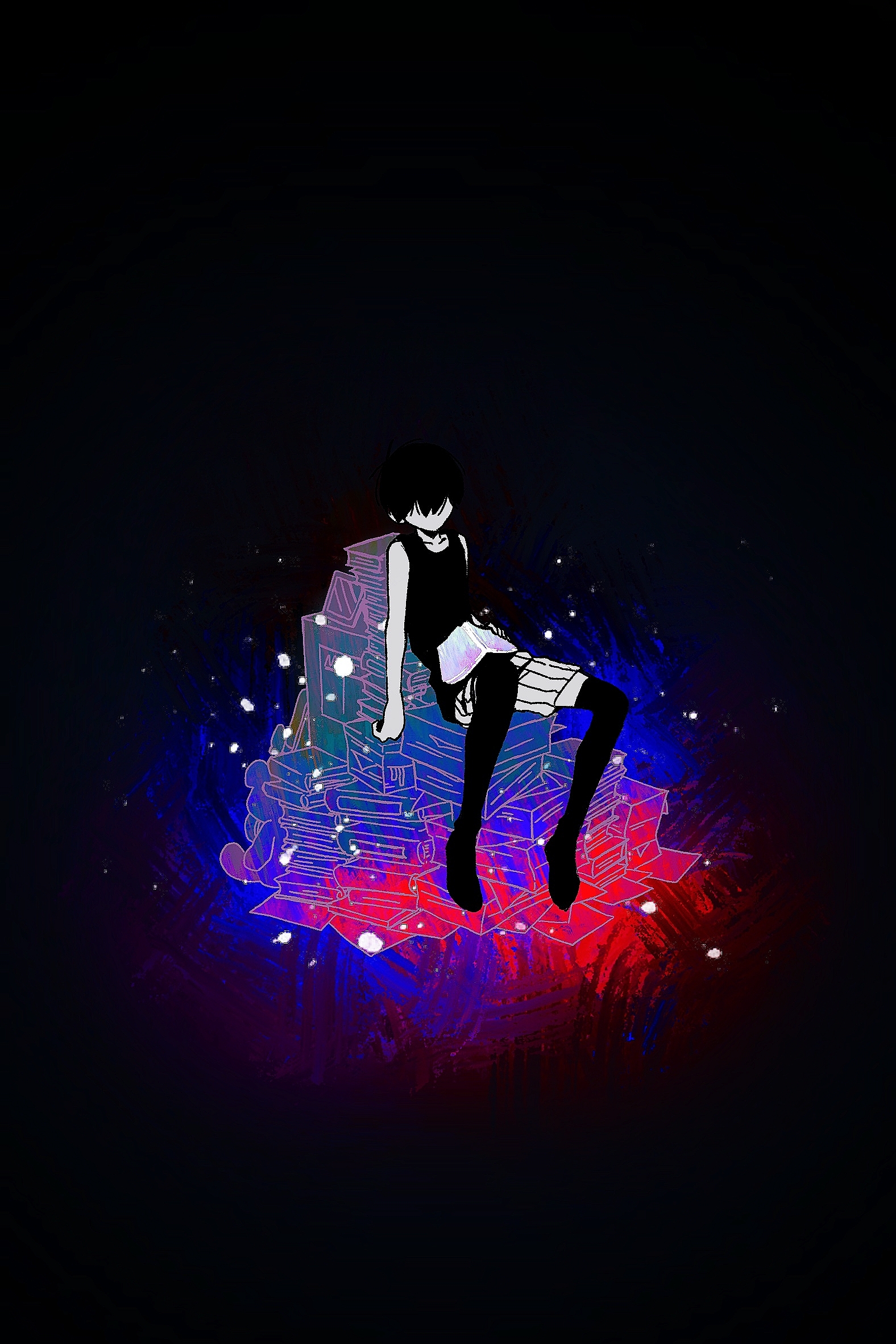 gaks030, omori (omori), omori, commentary, english commentary, highres, 1boy, bare arms, bare shoulders, black background, black hair, black tank top, black thighhighs, book, book on lap, book stack, collarbone, colored skin, faceless, faceless male, full body, light particles, male focus, pinstripe shorts, shirt, short hair, shorts, simple background, sitting, solo, tank top, thighhighs, white shorts, white skin