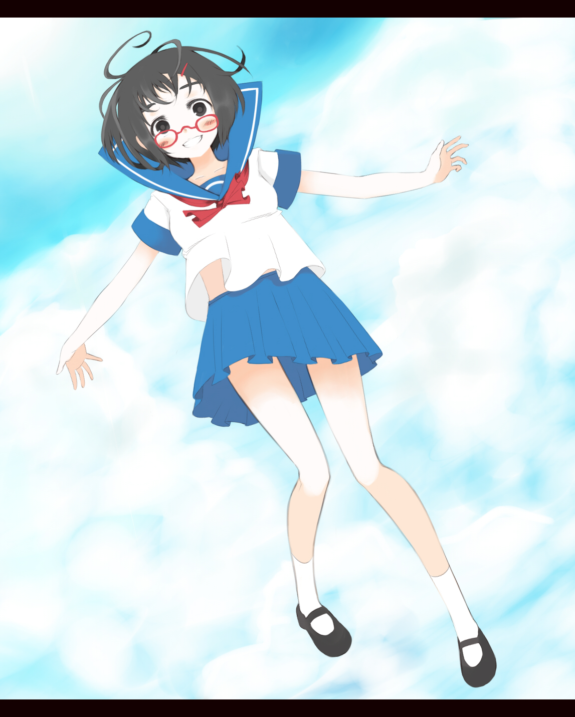 oza watto, original, highres, 1girl, ahoge, black eyes, black hair, blush, cloud, day, female focus, glasses, grin, hair ornament, hairclip, letterboxed, red-framed eyewear, school uniform, serafuku, short hair, skirt, sky, smile, solo