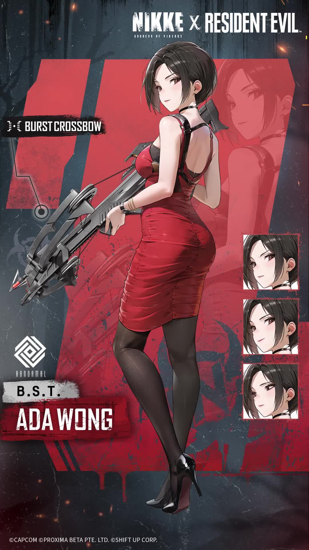 ada wong, goddess of victory: nikke, resident evil, animated, audible speech, english audio, highres, official art, sound, tagme, video, 1girl, black choker, black hair, black pantyhose, black shoes, bouncing breasts, bow (weapon), bracelet, breasts, choker, collarbone, crossbow, crossover, curvy, dress, full body, hand on own hip, high heels, holding, holding crossbow, holding weapon, jewelry, large breasts, looking at viewer, pantyhose, red dress, shoes, short hair, shoulder blades, smile, solo, standing, weapon, wide hips