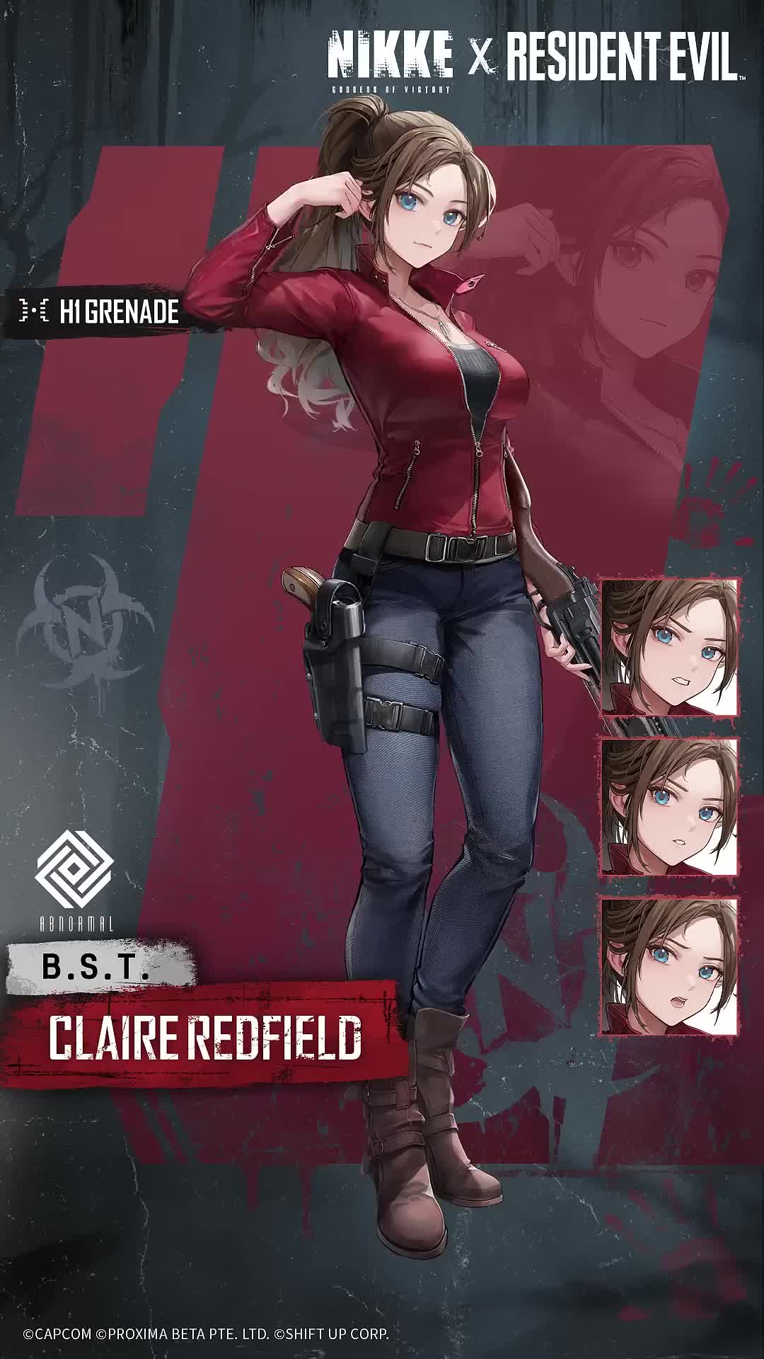 claire redfield, goddess of victory: nikke, resident evil, animated, audible speech, english audio, highres, official art, sound, tagme, video, 1girl, belt, black belt, black pants, black shirt, blue eyes, bouncing breasts, breasts, brown hair, collared jacket, crossover, forehead, full body, holster, jacket, jewelry, large breasts, long hair, long sleeves, necklace, pants, parted bangs, ponytail, red jacket, shirt, solo, standing, thigh holster, wide hips