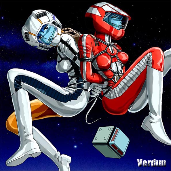 verdun (berudan), hayase misa, jenius milia, meltrandi, zentradi, choujikuu yousai macross, macross, pilot suit, 1980s (style), 2girls, artist name, ball gag, bdsm, bodysuit, bondage, bound, crotch rope, female focus, gag, gagged, helmet, multiple girls, oldschool, retro artstyle, rope, saliva, science fiction, shibari, signature, space, spacesuit, sweat, wiffle gag, zero gravity