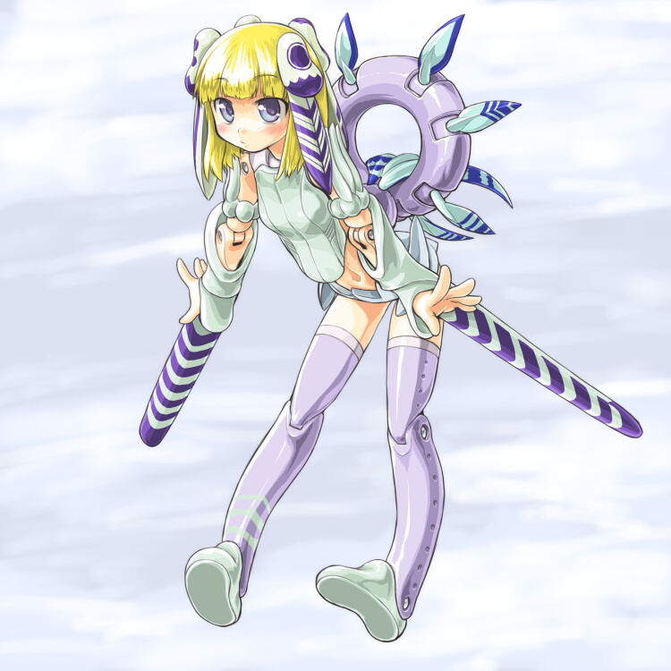 dd (ijigendd), zyrdarya, busou shinki, bad id, bad pixiv id, 10s, blonde hair, blush, doll joints, grey eyes, joints, mecha musume, sky, solo, thighhighs