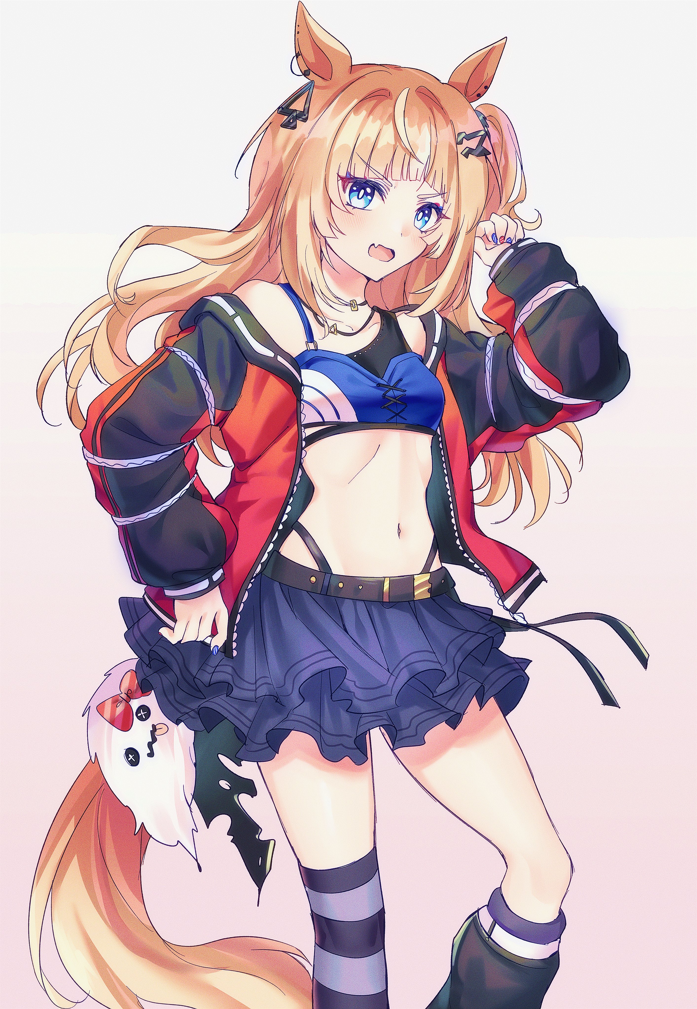 cynthia (uuzz5324), espoir city (red devil gear) (umamusume), espoir city (umamusume), umamusume, absurdres, highres, 1girl, animal ears, bare shoulders, belt, blue eyes, blue skirt, blush, breasts, brown hair, collarbone, crop top, ear ornament, fang, gold buckle, hair ornament, horse earrings, horse ears, horse girl, horse tail, jacket, jewelry, long hair, looking at viewer, midriff, multicolored hair, navel, necklace, open clothes, open jacket, open mouth, orange hair, panty straps, red jacket, simple background, skin fang, skirt, small breasts, solo, stomach, striped clothes, striped thighhighs, tail, thighhighs