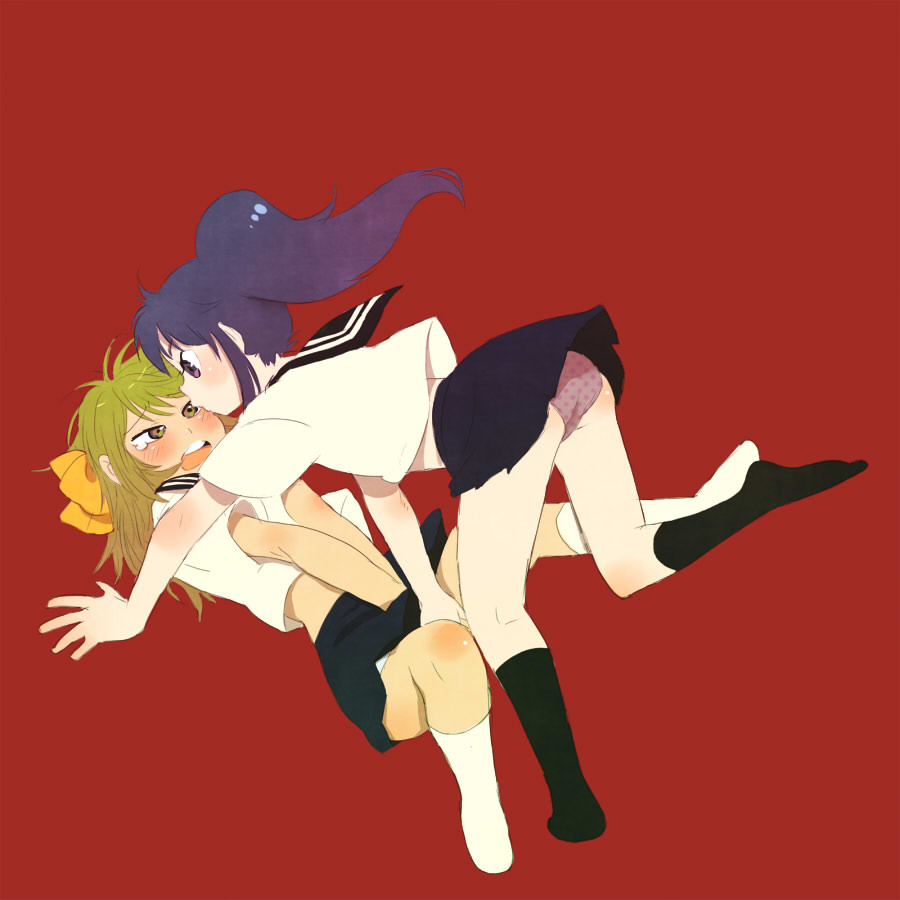 hankura cchi, mago, original, bad id, bad pixiv id, 2girls, blonde hair, blush, multiple girls, panties, ponytail, purple hair, school uniform, serafuku, skirt, socks, tears, underwear, yuri