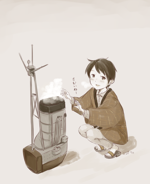 kawashina (momen silicon), mogami (kancolle), kantai collection, translation request, 1girl, blush, dated, japanese clothes, long sleeves, looking at viewer, monochrome, open mouth, pants, sandals, shirt, short hair, signature, simple background, solo, squatting, steam, warming hands